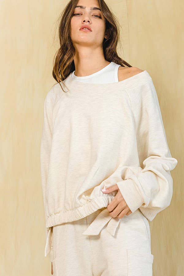 Oatmeal Elastic Bottom Side Tie Boatneck Sweatshirt - Purpose + Passion Boutique