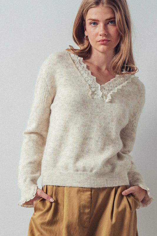 Oatmeal + Ivory Lace Trim V - Neck Heathered Knit Sweater - Purpose + Passion Boutique