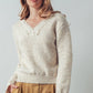 Oatmeal + Ivory Lace Trim V - Neck Heathered Knit Sweater - Purpose + Passion Boutique