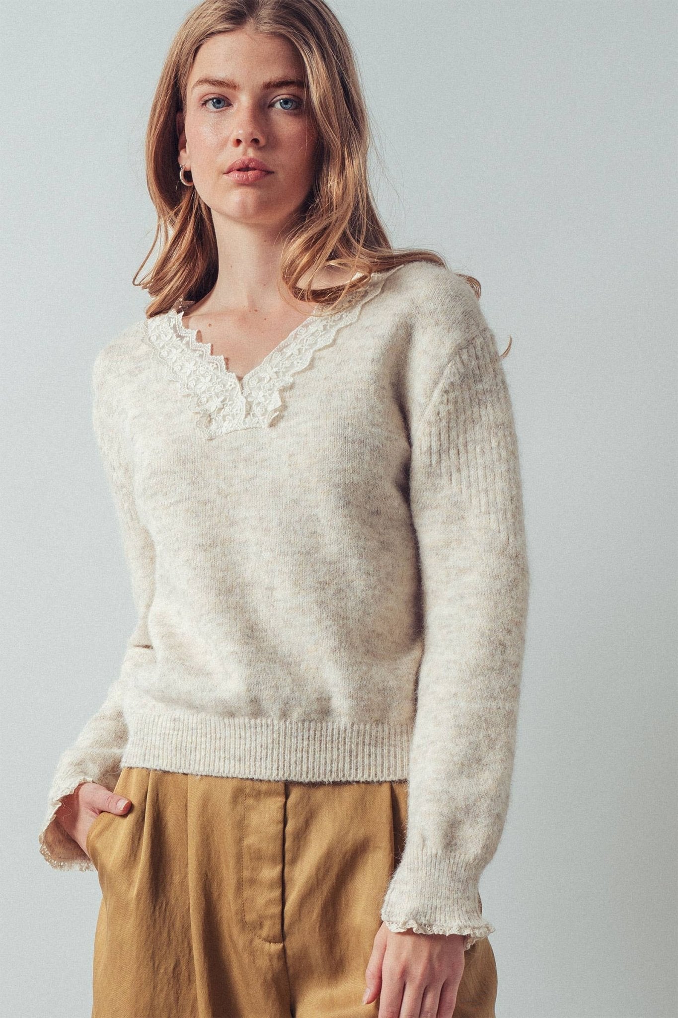 Oatmeal + Ivory Lace Trim V - Neck Heathered Knit Sweater - Purpose + Passion Boutique