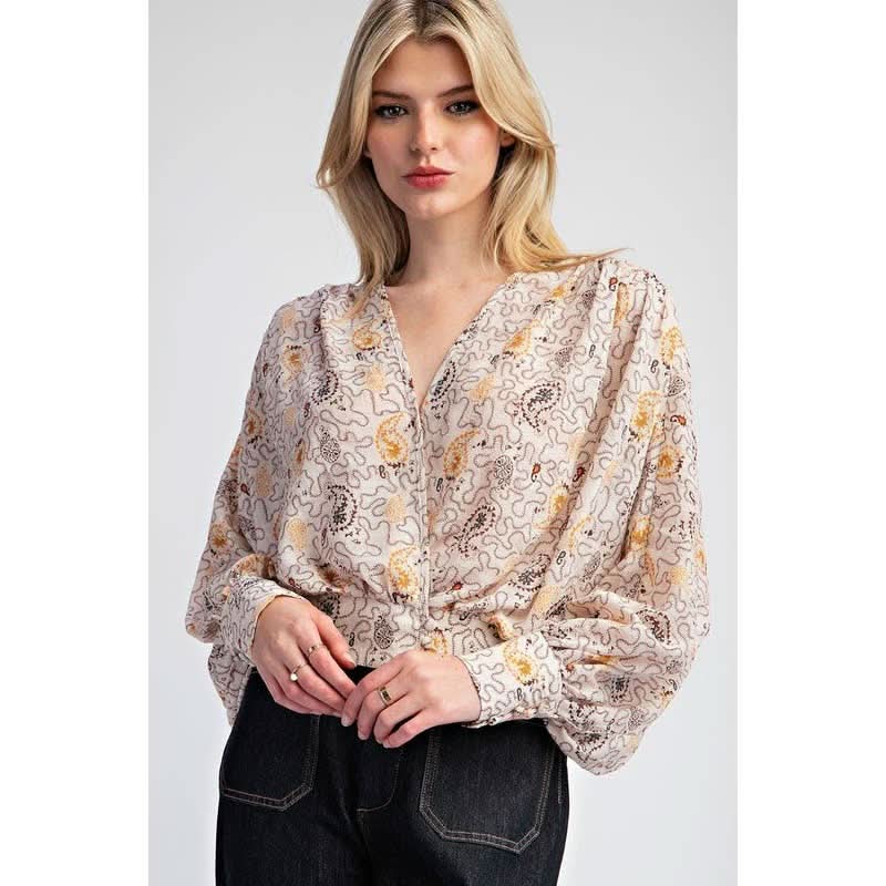 Oatmeal Paisley Printed Top - Purpose + Passion Boutique