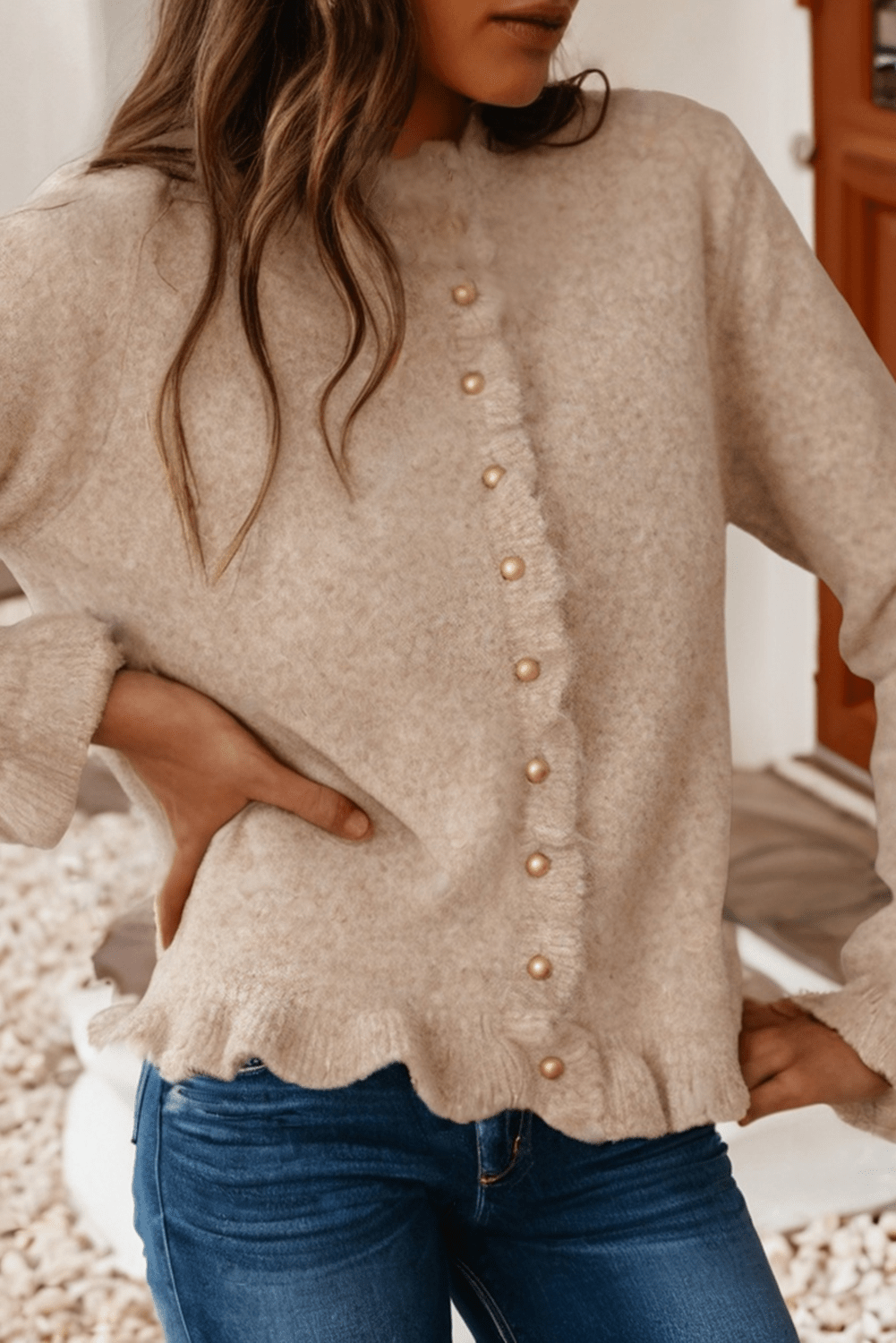 Oatmeal Ruffle Trim Gold Button Sweater Cardigan - Purpose + Passion Boutique