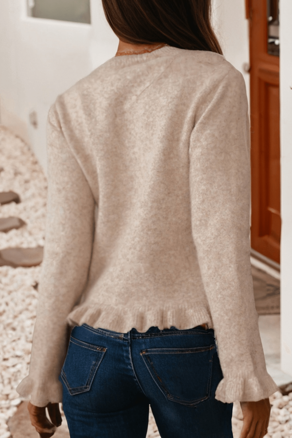 Oatmeal Ruffle Trim Gold Button Sweater Cardigan - Purpose + Passion Boutique