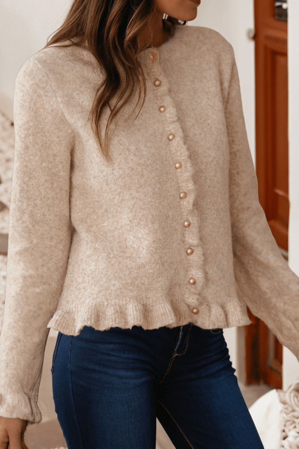 Oatmeal Ruffle Trim Gold Button Sweater Cardigan - Purpose + Passion Boutique