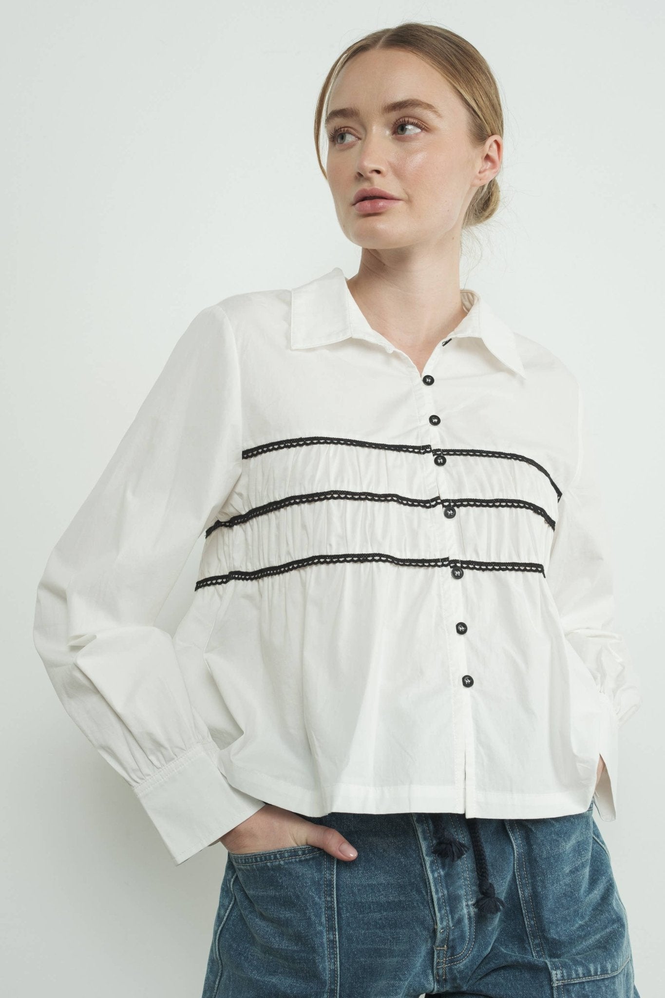 Off White Contrast Lace Babydoll Button Down - Purpose + Passion Boutique