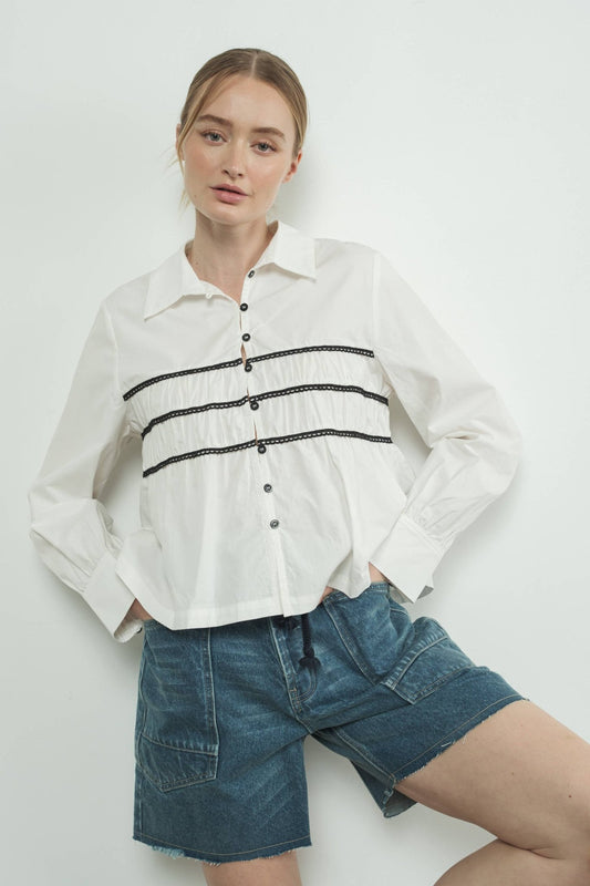 Off White Contrast Lace Babydoll Button Down - Purpose + Passion Boutique