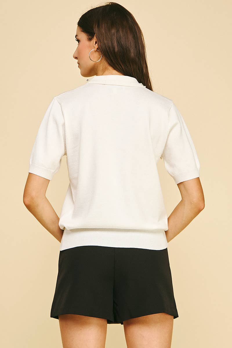 Off White Embellished Collar Short Sleeve Sweater - Purpose + Passion Boutique