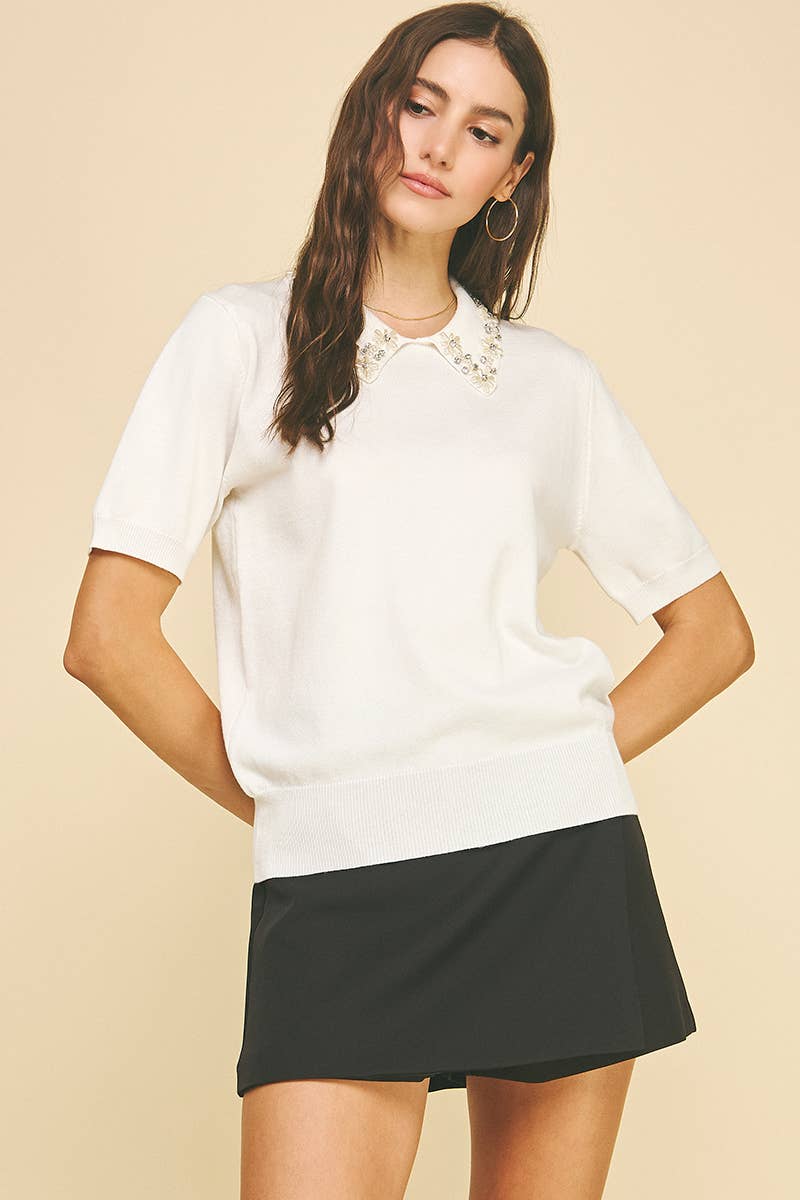 Off White Embellished Collar Short Sleeve Sweater - Purpose + Passion Boutique