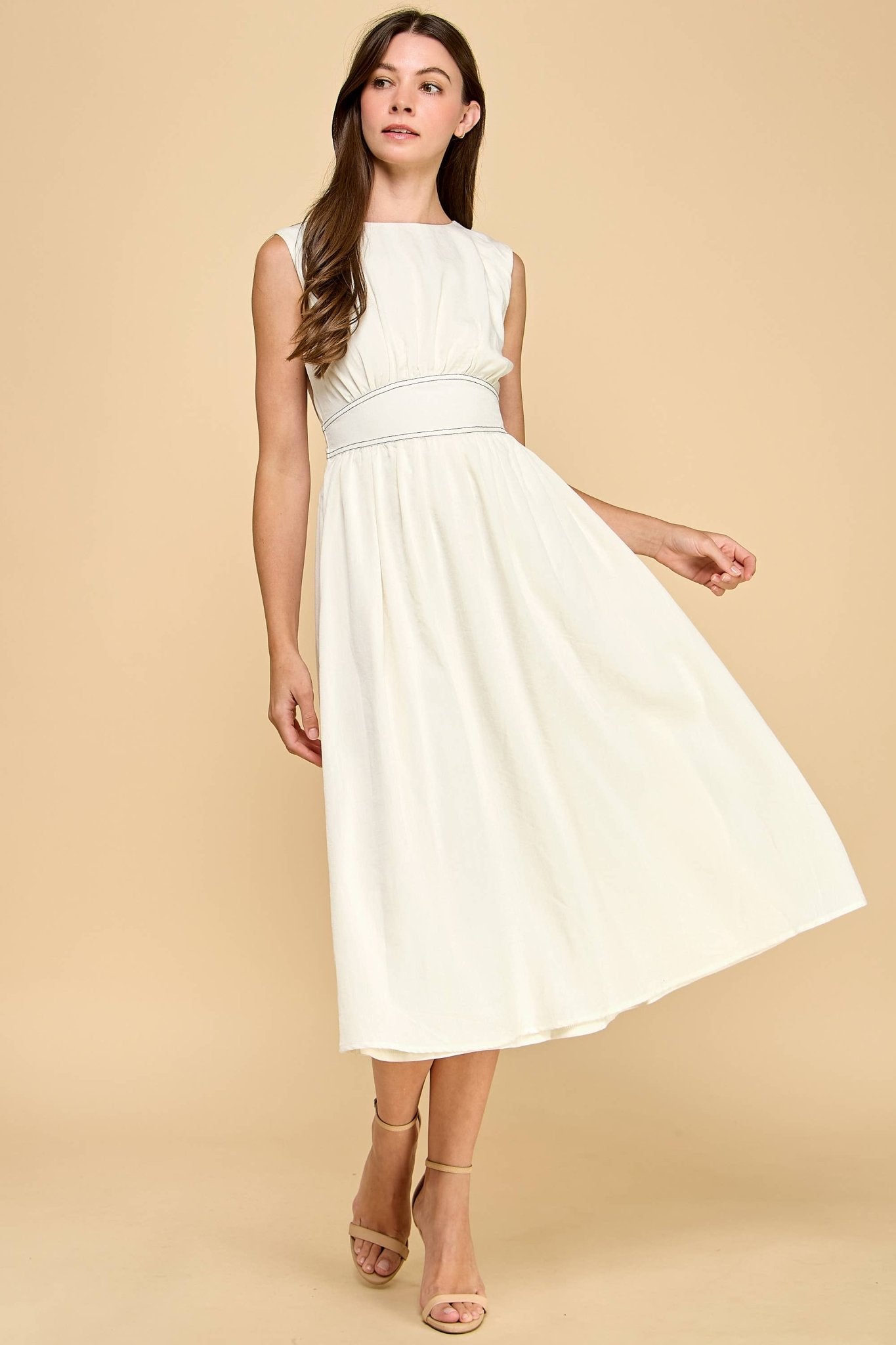 Off White Gathered Bodice Contrast Topstitching Midi Dress - Purpose + Passion Boutique
