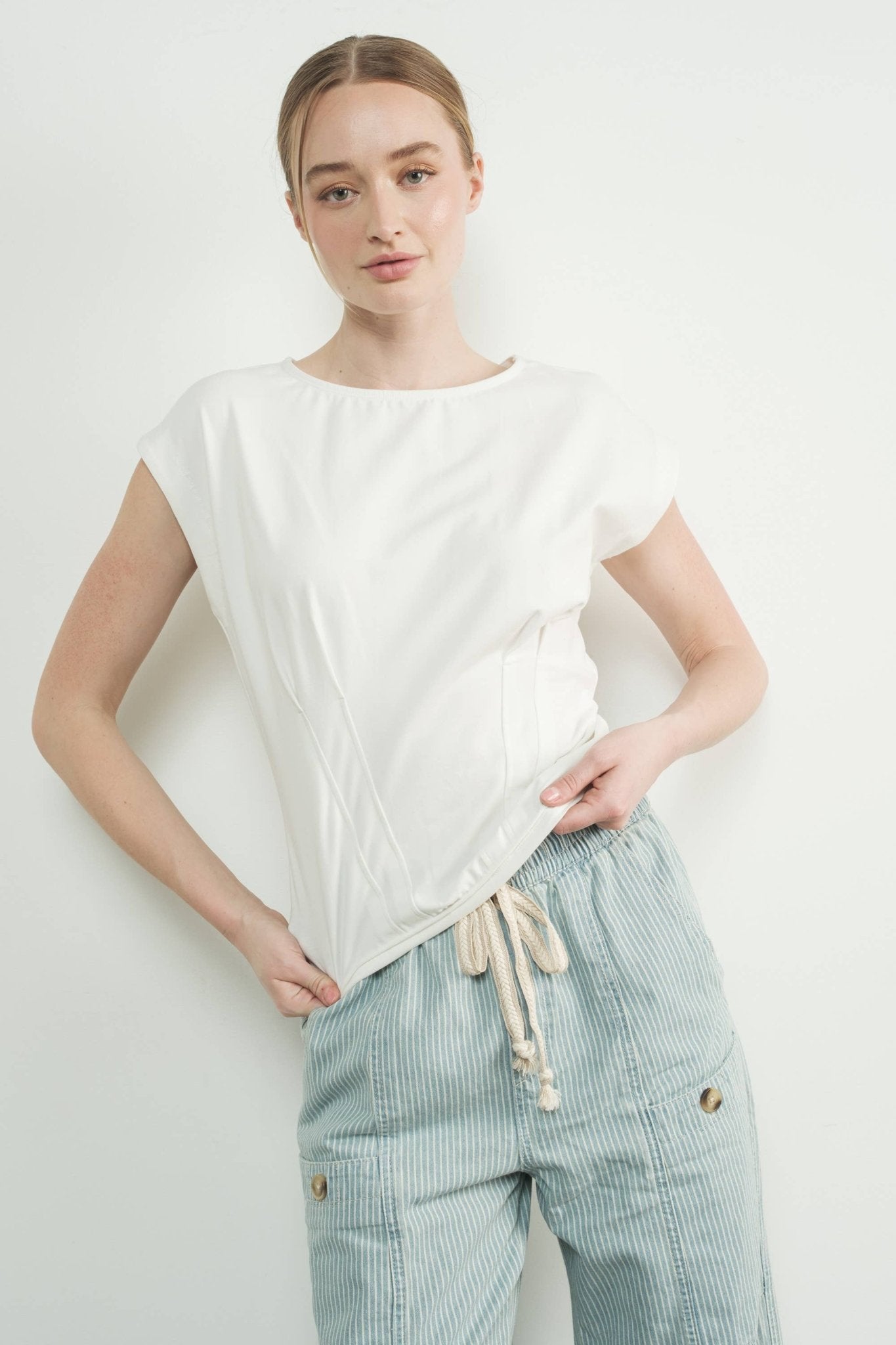 Off White Pleated Drop Shoulder Top - Purpose + Passion Boutique