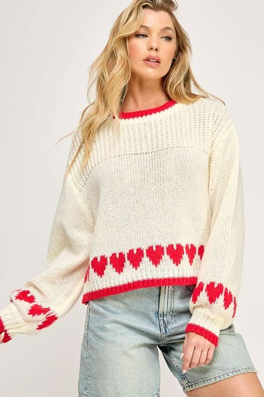 Off White / Red Heart Cuffs Drop Shoulder Sweater - Purpose + Passion Boutique