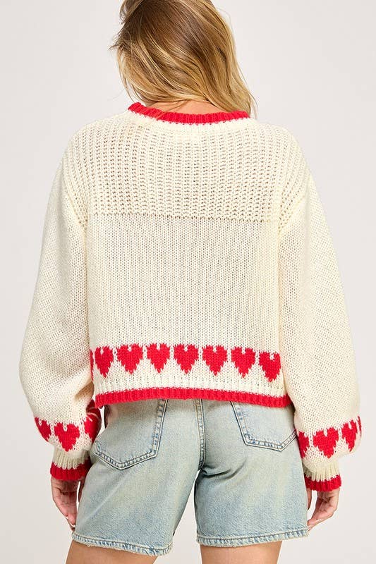 Off White / Red Heart Cuffs Drop Shoulder Sweater - Purpose + Passion Boutique