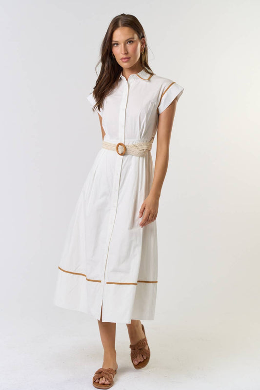 Off White Short Sleeve Belted Button Down Dress - Purpose + Passion Boutique