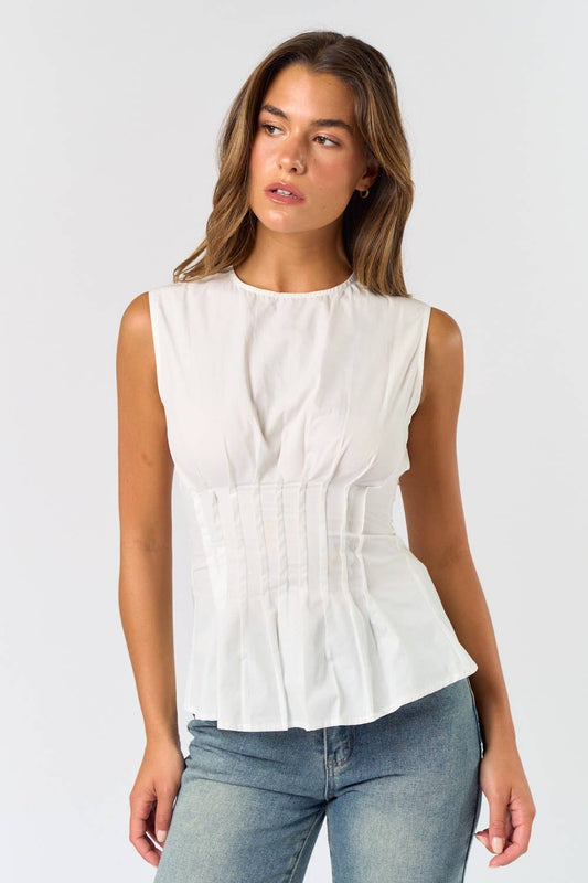 Off White Sleeveless Pleated Poplin Top - Purpose + Passion Boutique