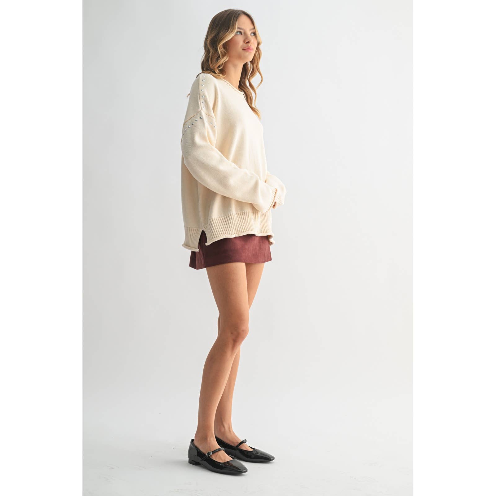 Off - White Studded Drop Shoulder Sweater - Purpose + Passion Boutique