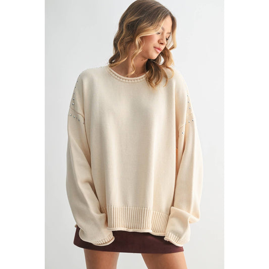 Off - White Studded Drop Shoulder Sweater - Purpose + Passion Boutique