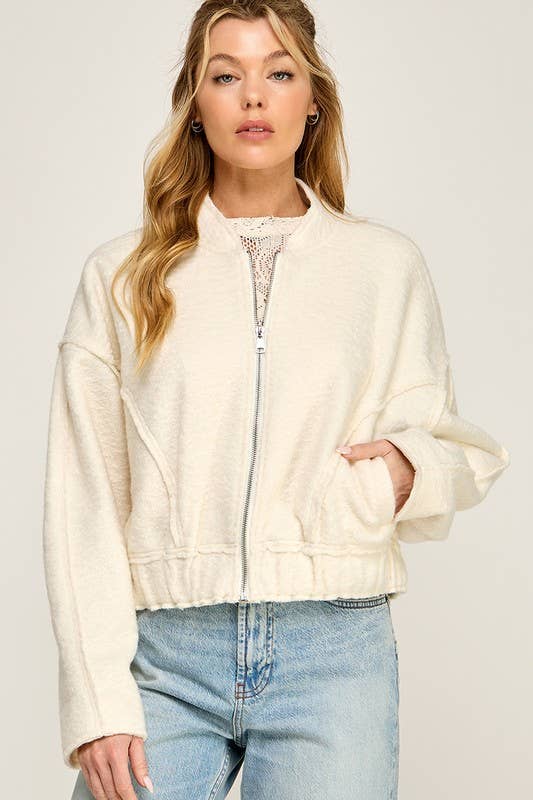 Off White Textured Bomber Jacket - Purpose + Passion Boutique