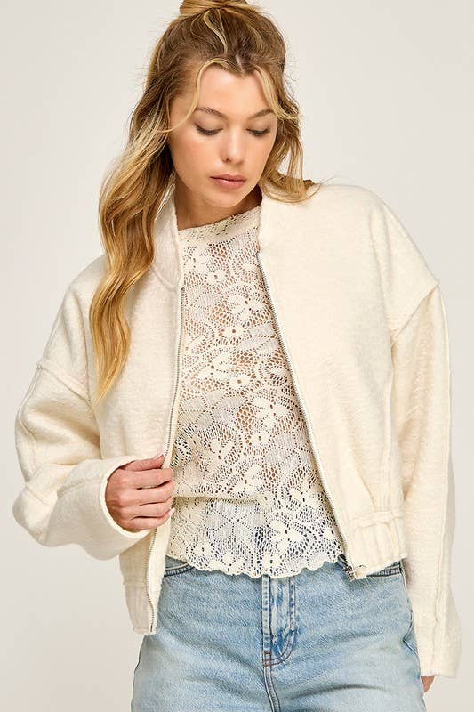 Off White Textured Bomber Jacket - Purpose + Passion Boutique