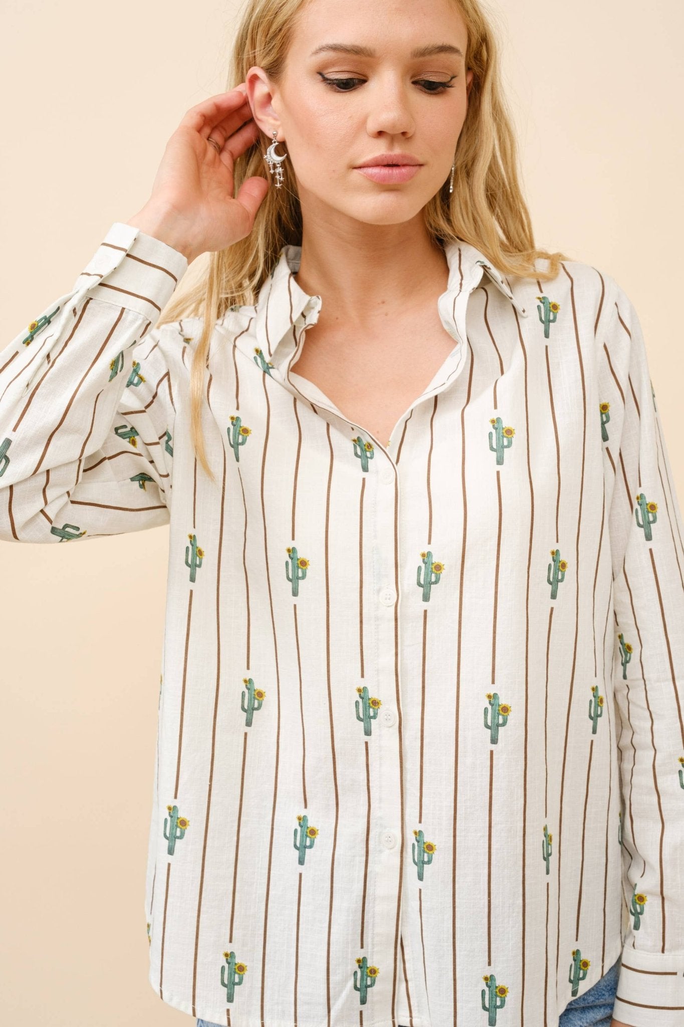 Off White Western Cactus Stipe Print Button Up Shirt - Purpose + Passion Boutique