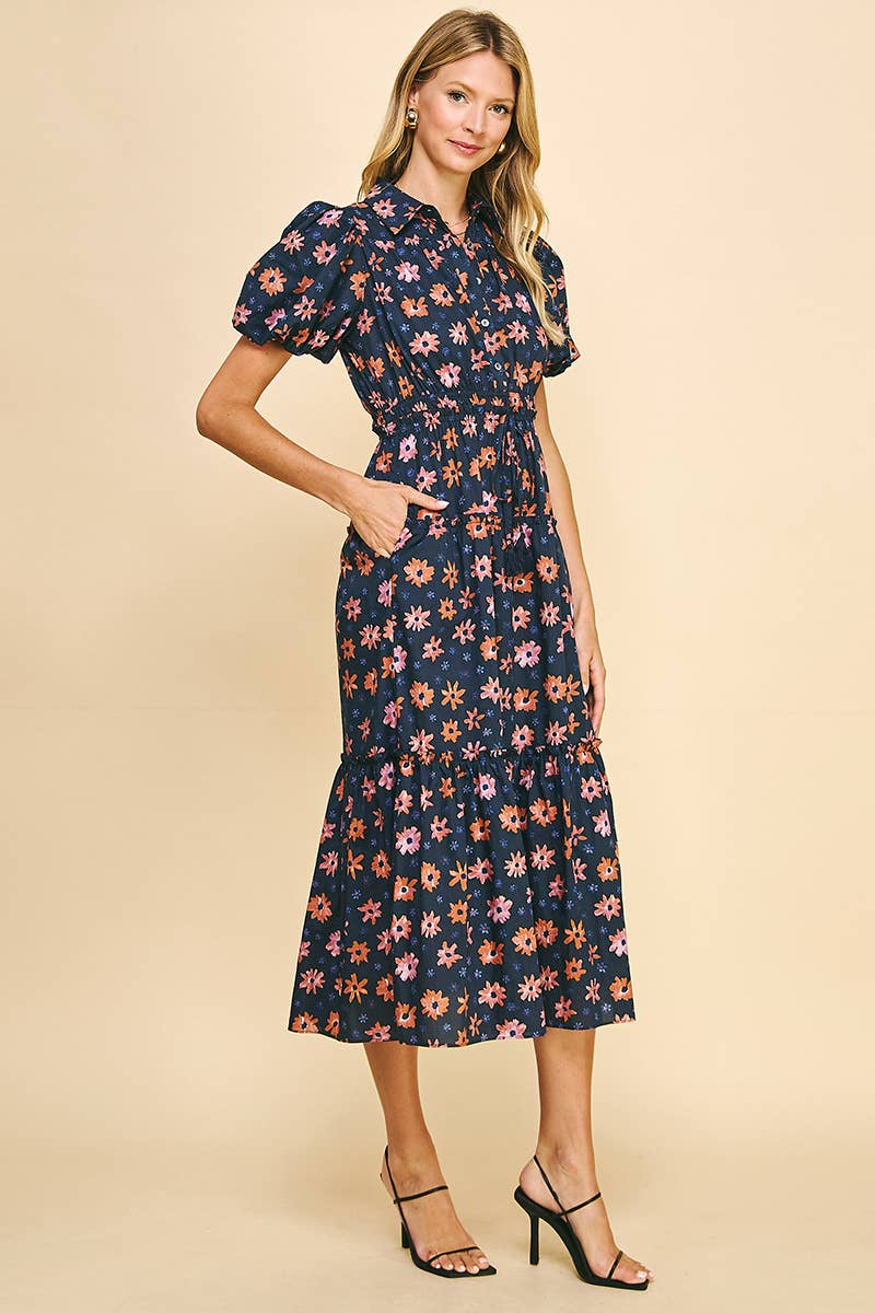 Oh Happy Day Navy Floral Short Sleeve Dress - Purpose + Passion Boutique