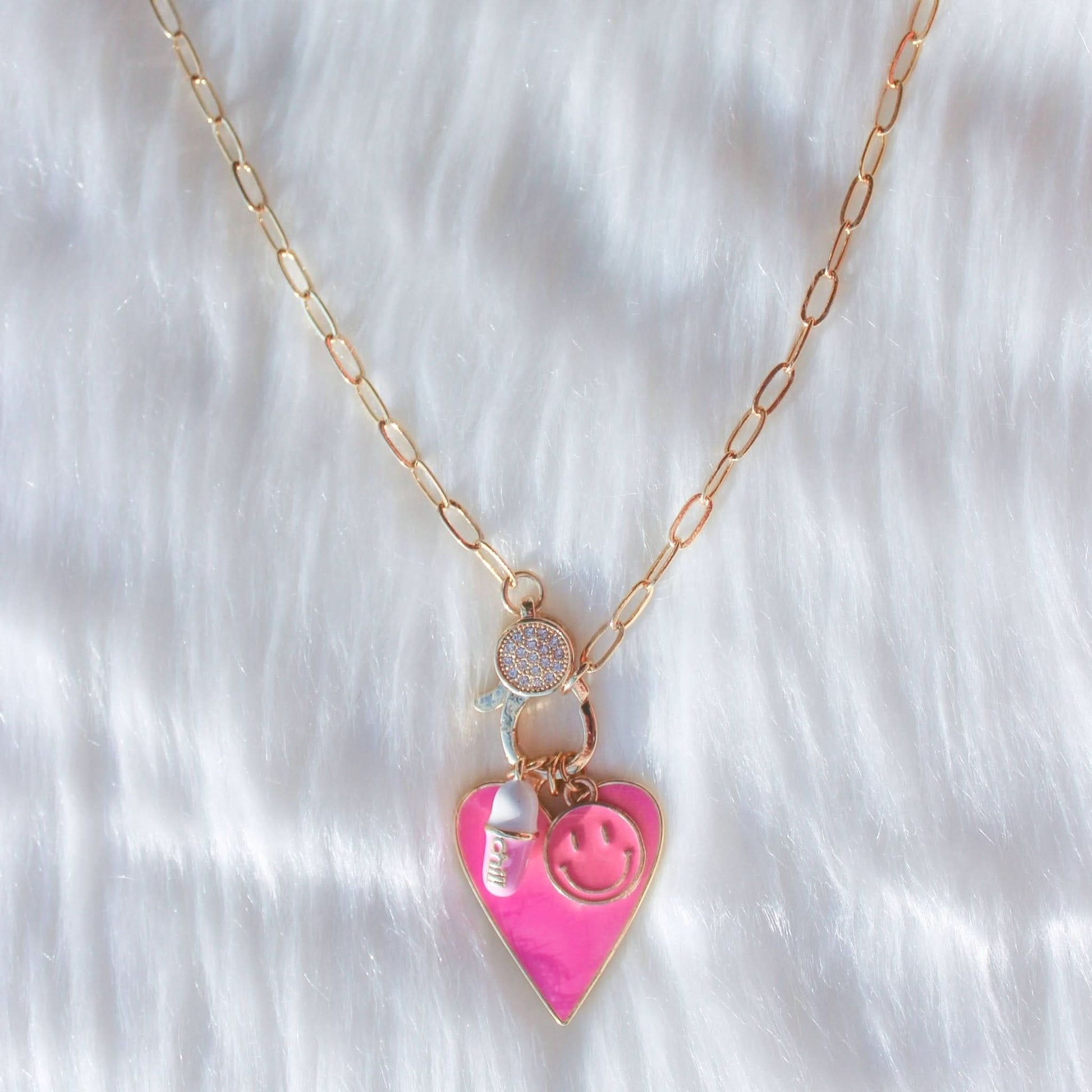 Oh Happy Day Necklace - Heart Smiley Face Chill Pill Clasp - Purpose + Passion Boutique