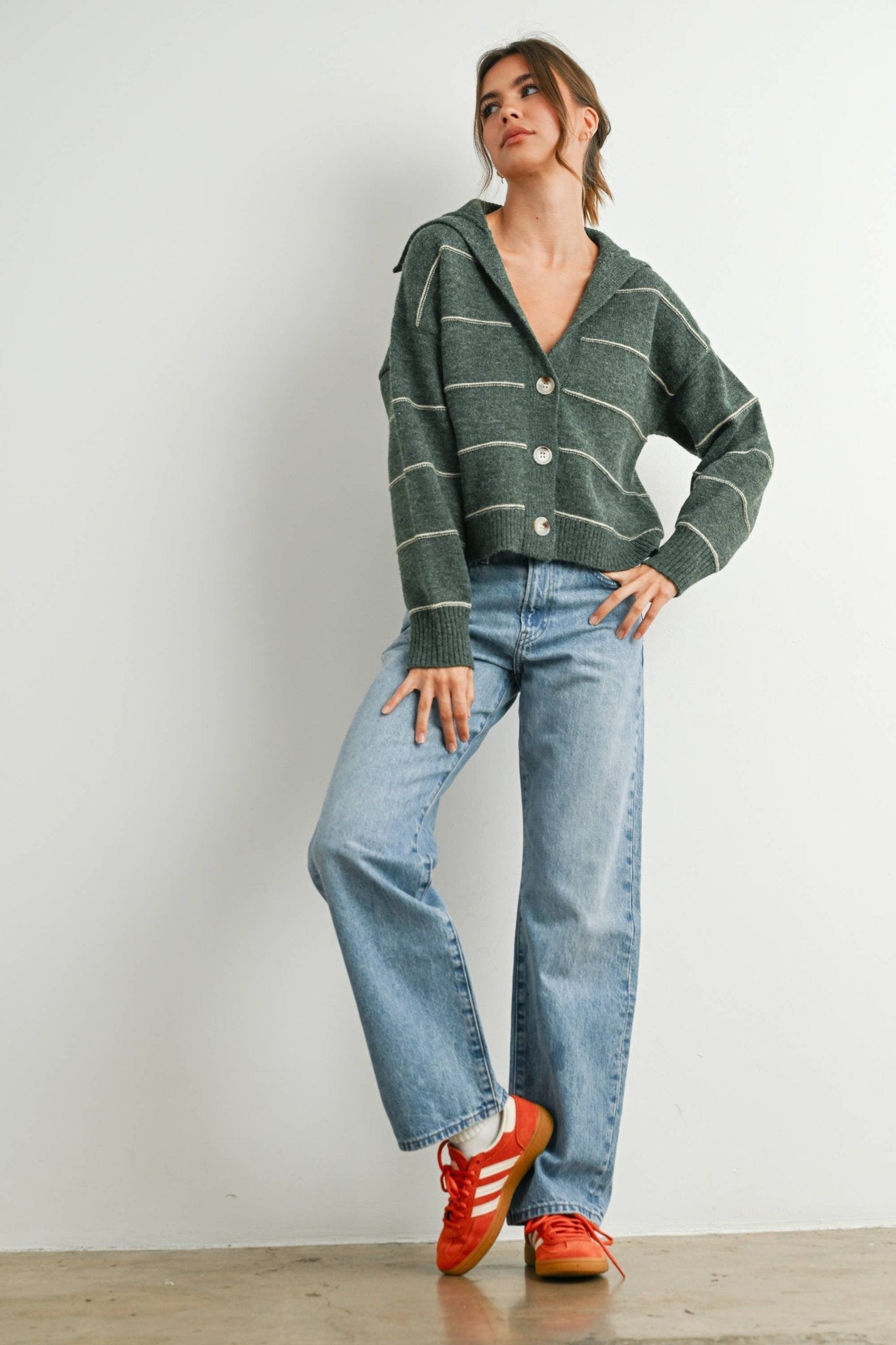 Olive Button - Up Striped Collared Long Sleeve Top - Purpose + Passion Boutique