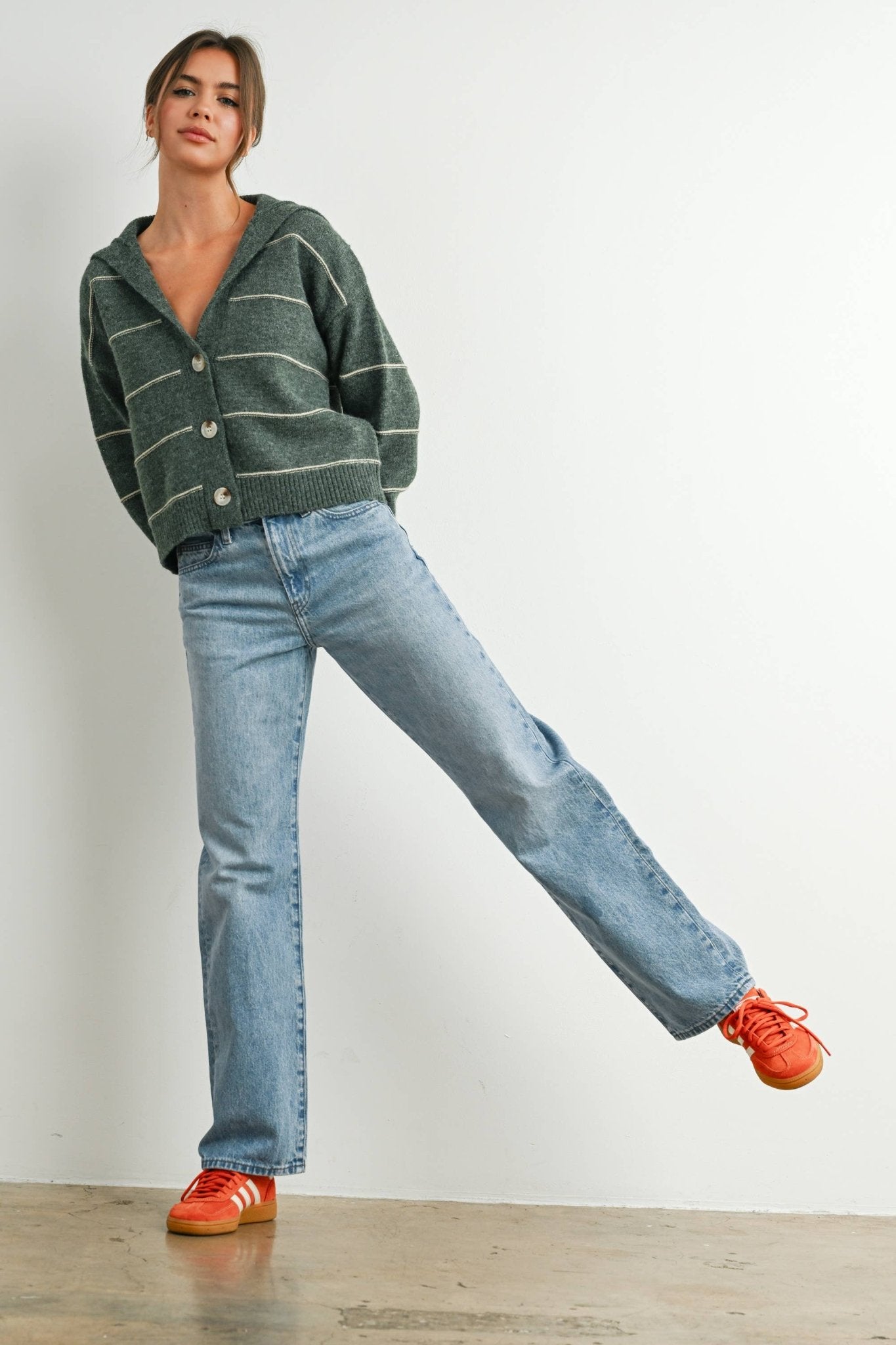 Olive Button - Up Striped Collared Long Sleeve Top - Purpose + Passion Boutique