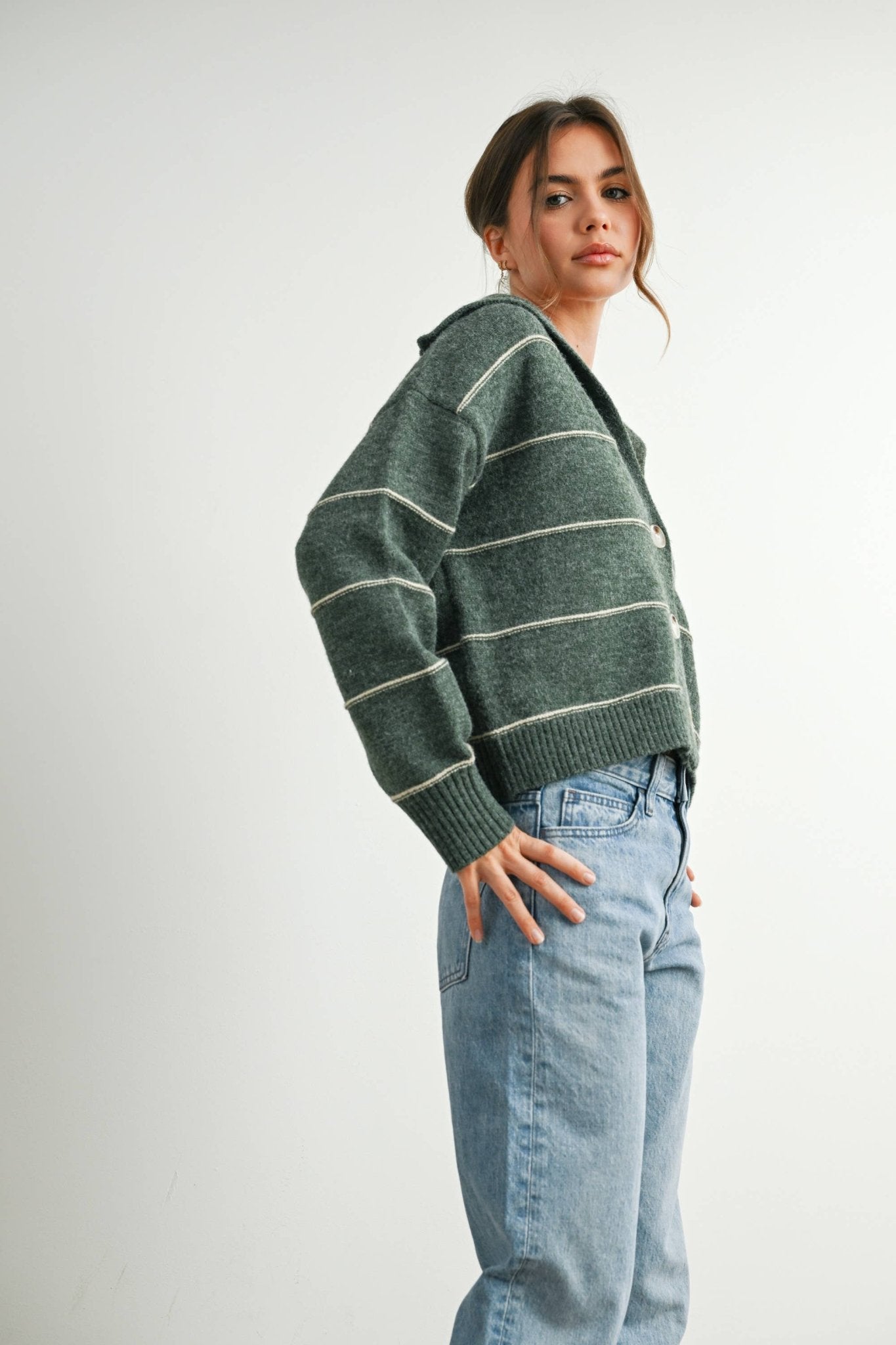 Olive Button - Up Striped Collared Long Sleeve Top - Purpose + Passion Boutique