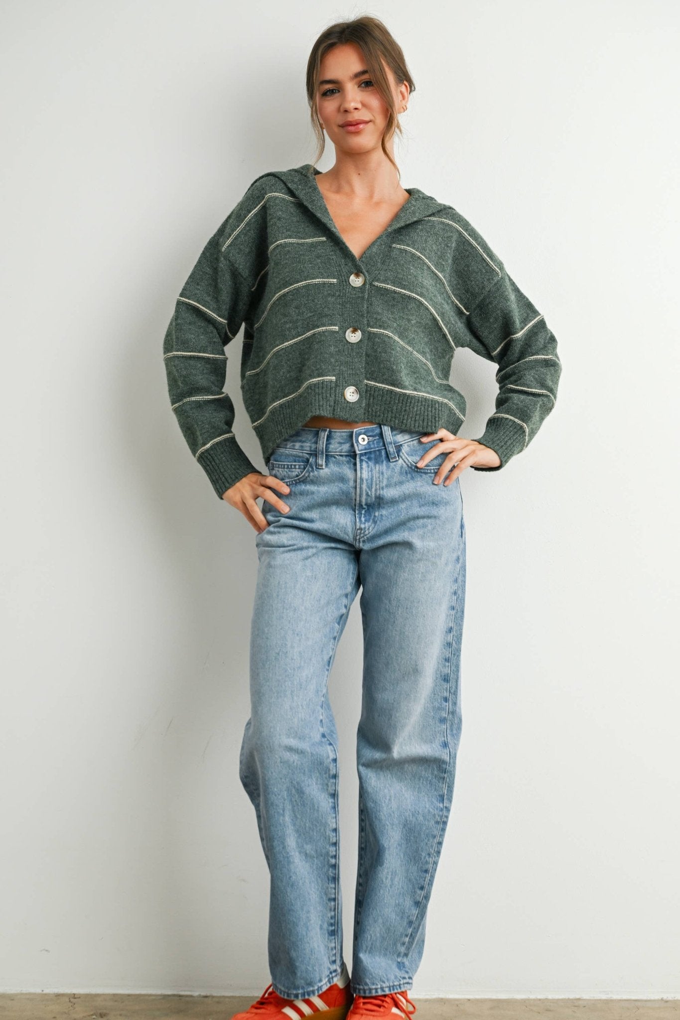 Olive Button - Up Striped Collared Long Sleeve Top - Purpose + Passion Boutique
