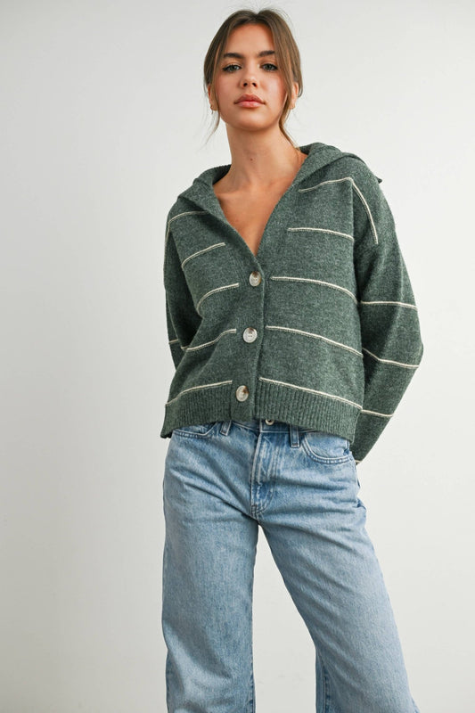 Olive Button - Up Striped Collared Long Sleeve Top - Purpose + Passion Boutique