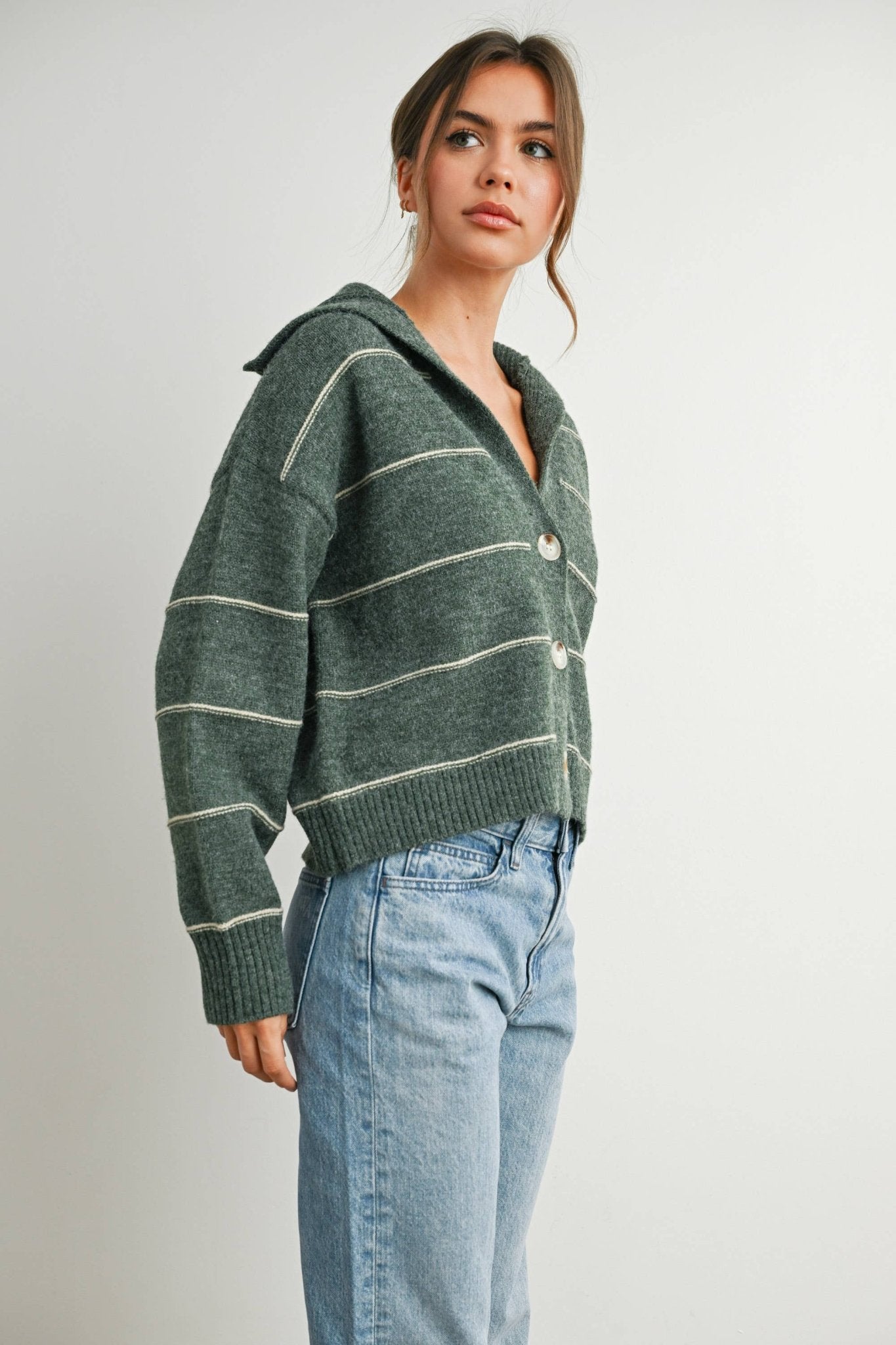 Olive Button - Up Striped Collared Long Sleeve Top - Purpose + Passion Boutique