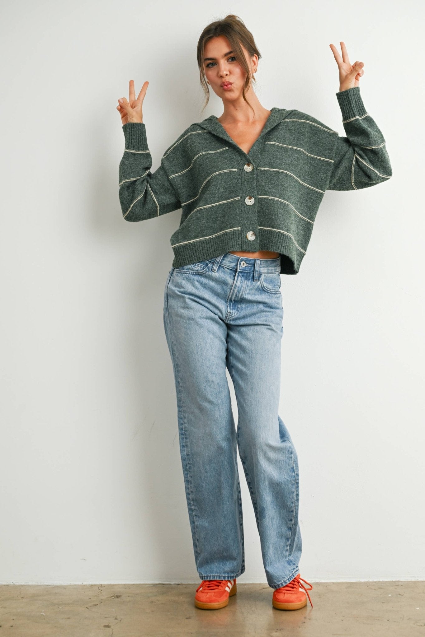 Olive Button - Up Striped Collared Long Sleeve Top - Purpose + Passion Boutique