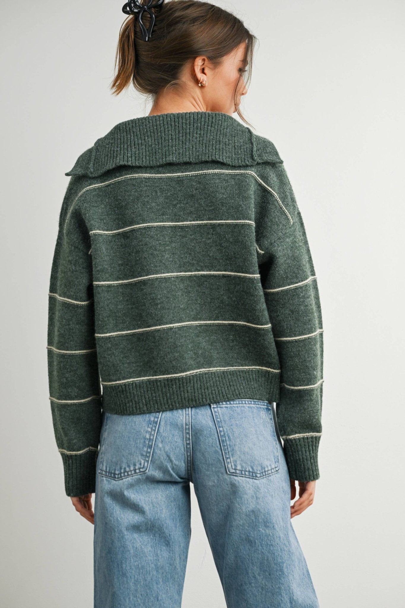 Olive Button - Up Striped Collared Long Sleeve Top - Purpose + Passion Boutique
