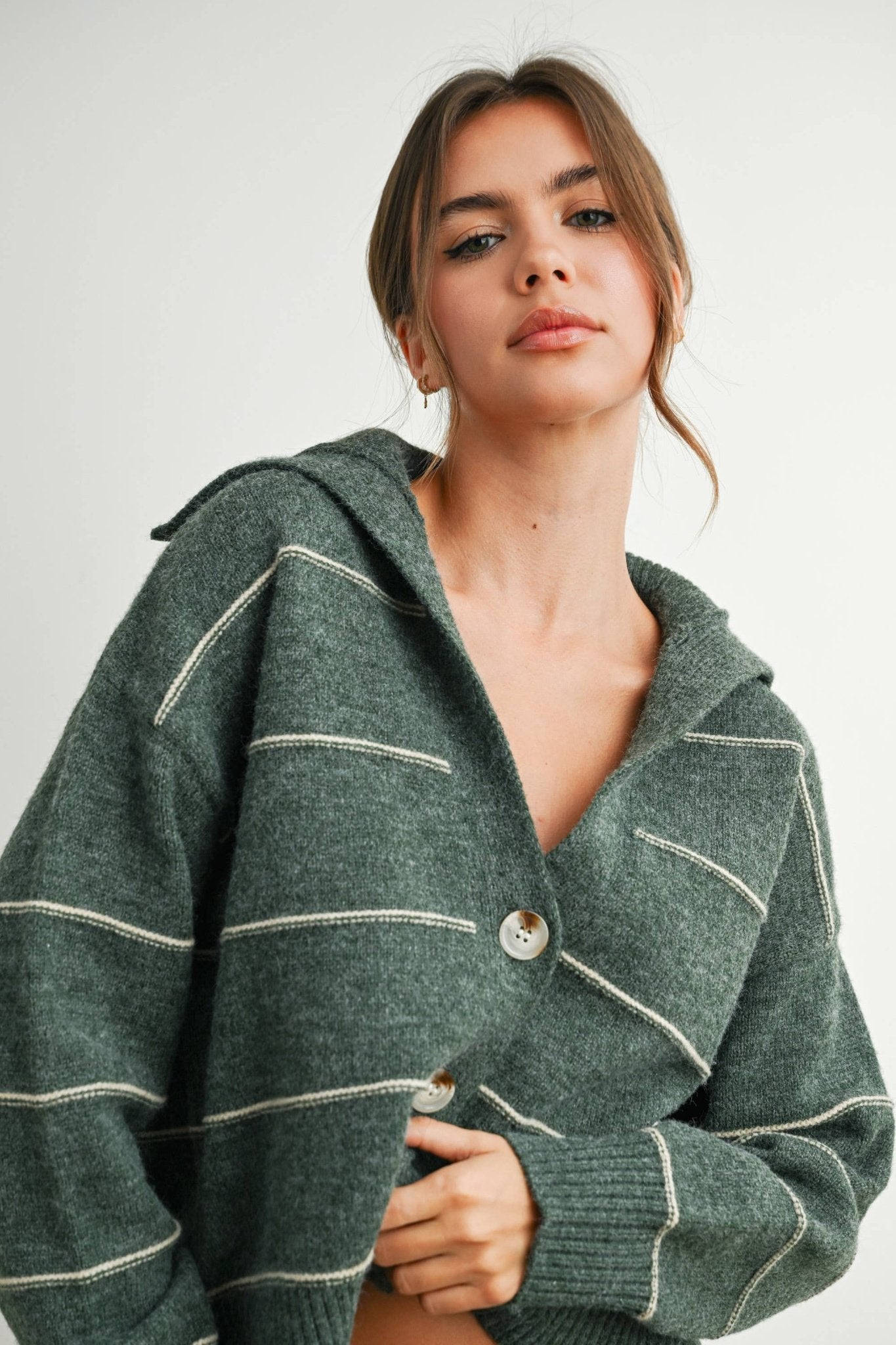 Olive Button - Up Striped Collared Long Sleeve Top - Purpose + Passion Boutique