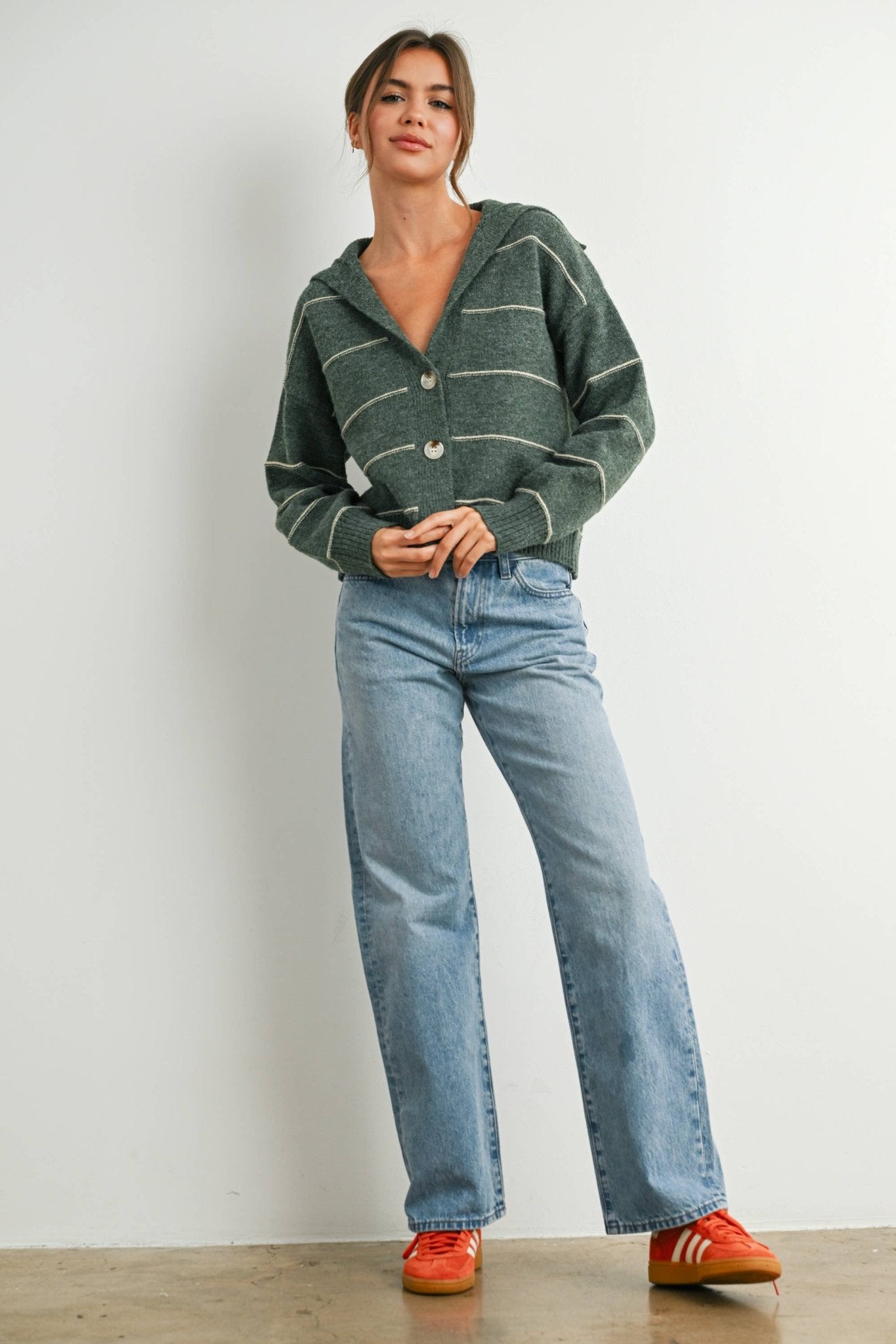 Olive Button - Up Striped Collared Long Sleeve Top - Purpose + Passion Boutique