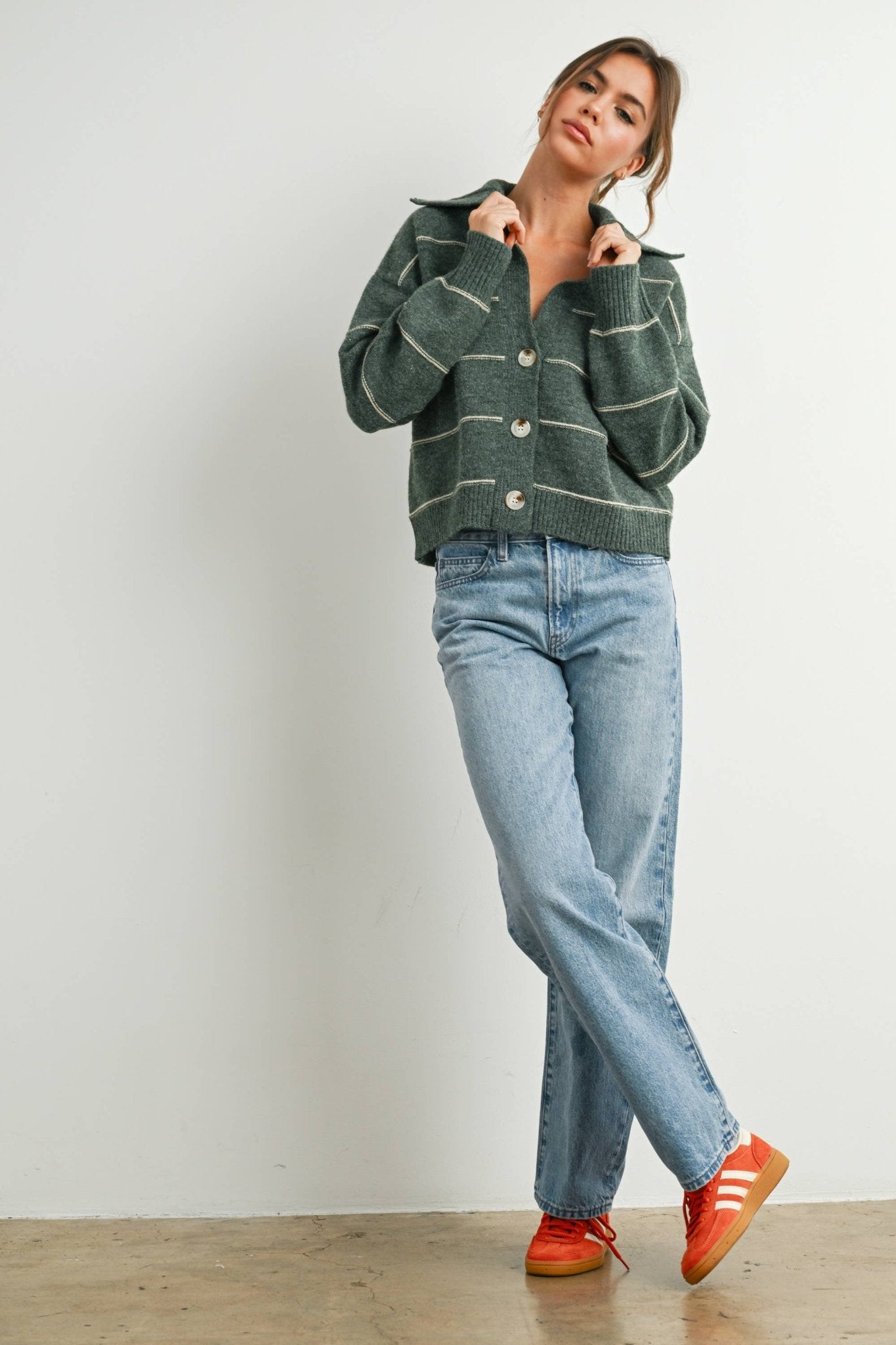 Olive Button - Up Striped Collared Long Sleeve Top - Purpose + Passion Boutique