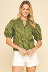 Olive Floral Puff Sleeve Blouse - Purpose + Passion Boutique
