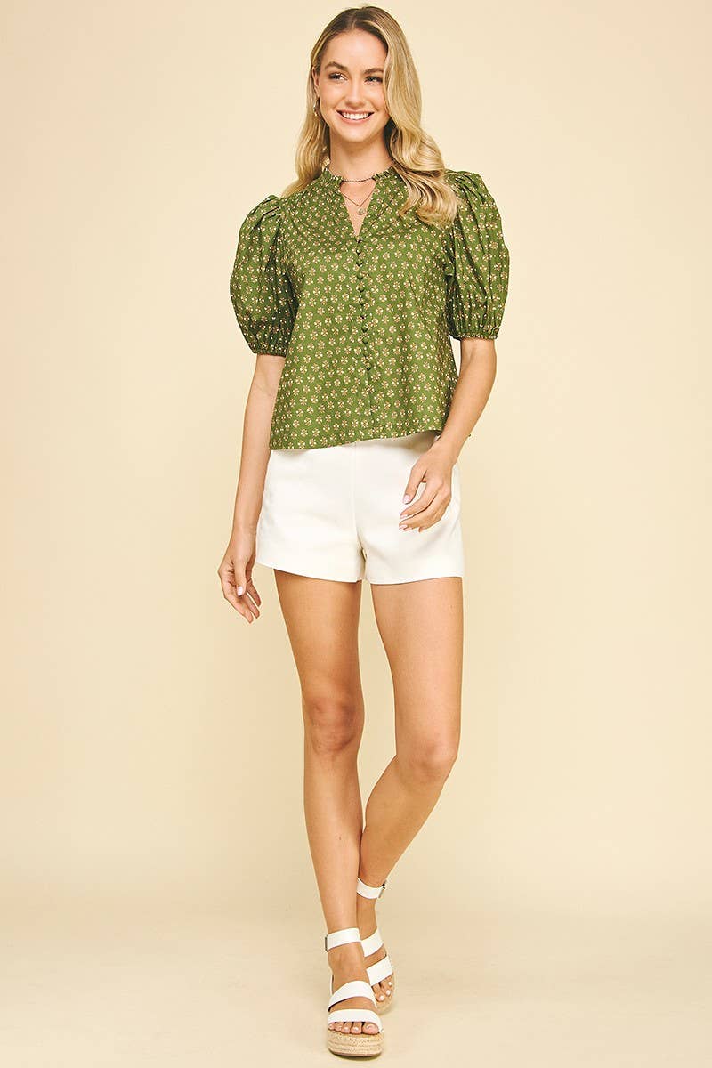 Olive Floral Puff Sleeve Blouse - Purpose + Passion Boutique