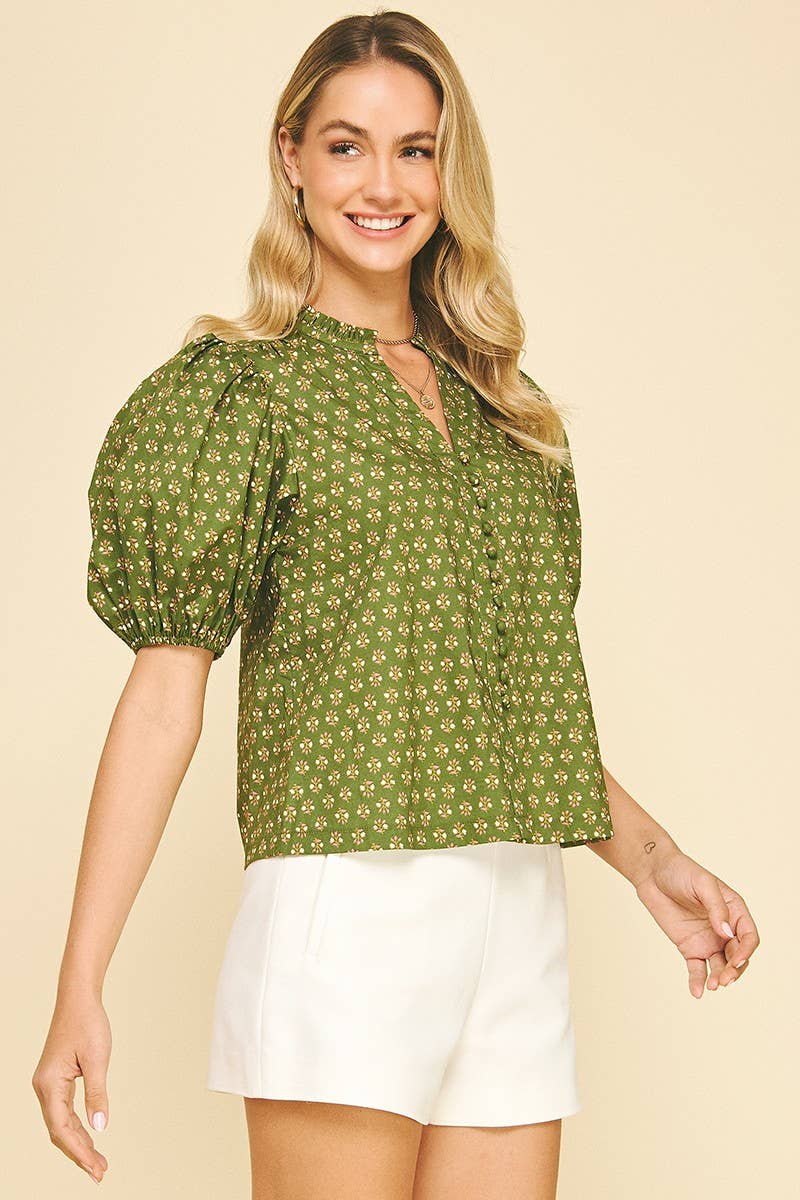 Olive Floral Puff Sleeve Blouse - Purpose + Passion Boutique