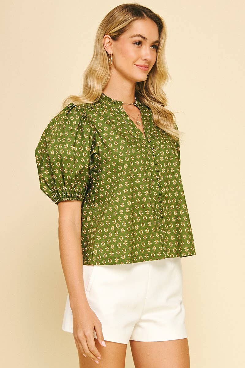 Olive Floral Puff Sleeve Blouse - Purpose + Passion Boutique