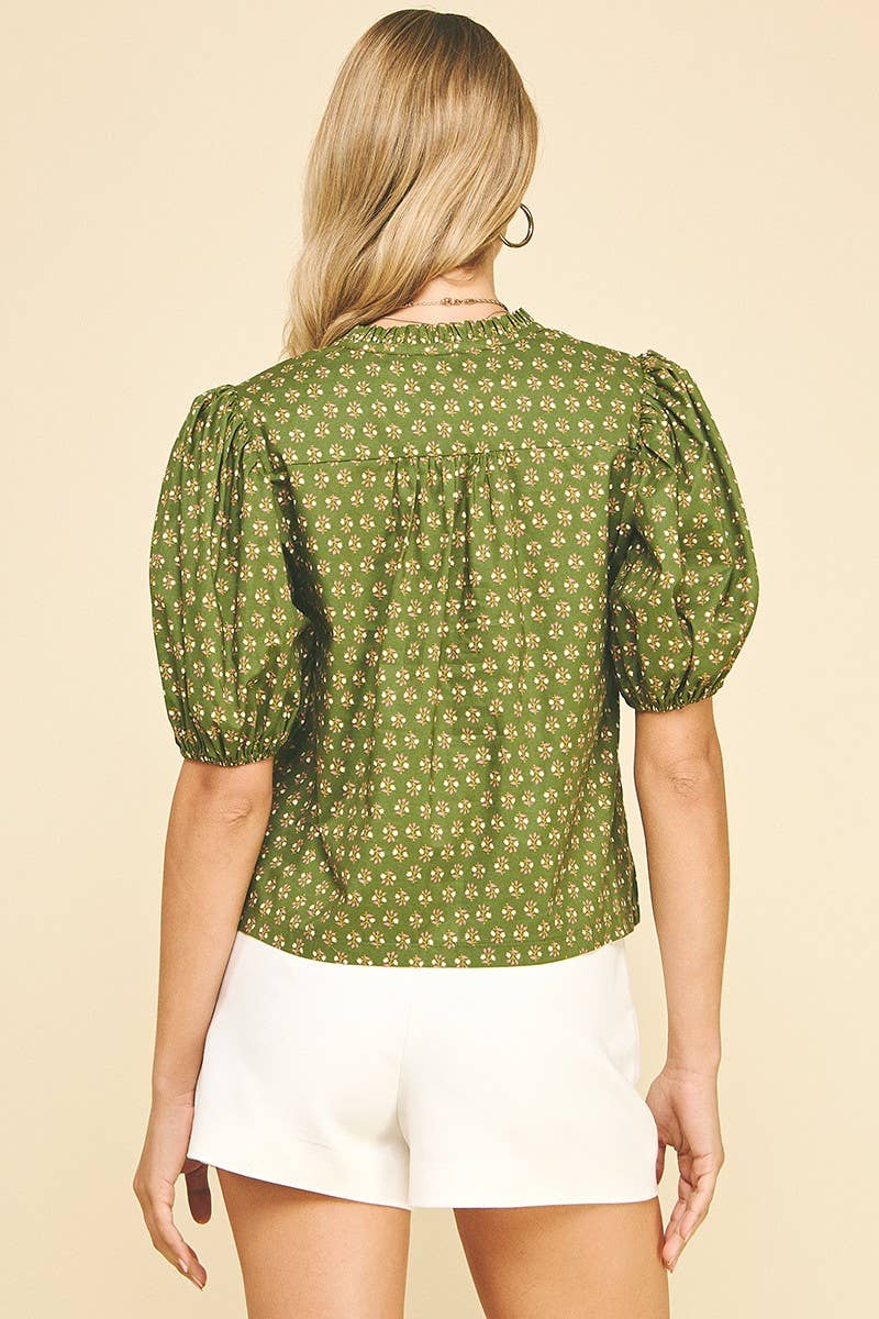 Olive Floral Puff Sleeve Blouse - Purpose + Passion Boutique