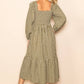 Olive Gingham Square Neck Smocked Chest Midi Dress - Purpose + Passion Boutique