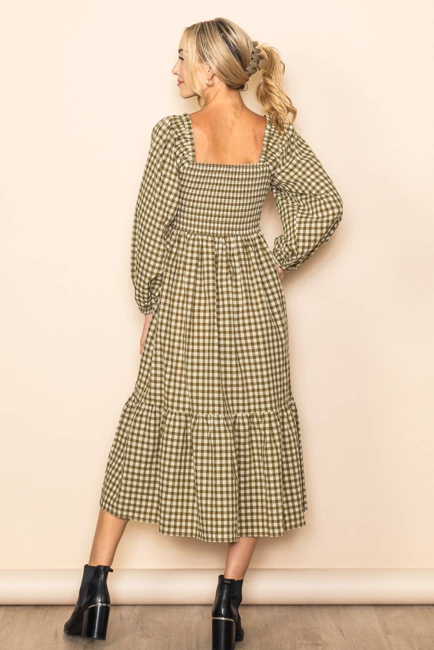 Olive Gingham Square Neck Smocked Chest Midi Dress - Purpose + Passion Boutique