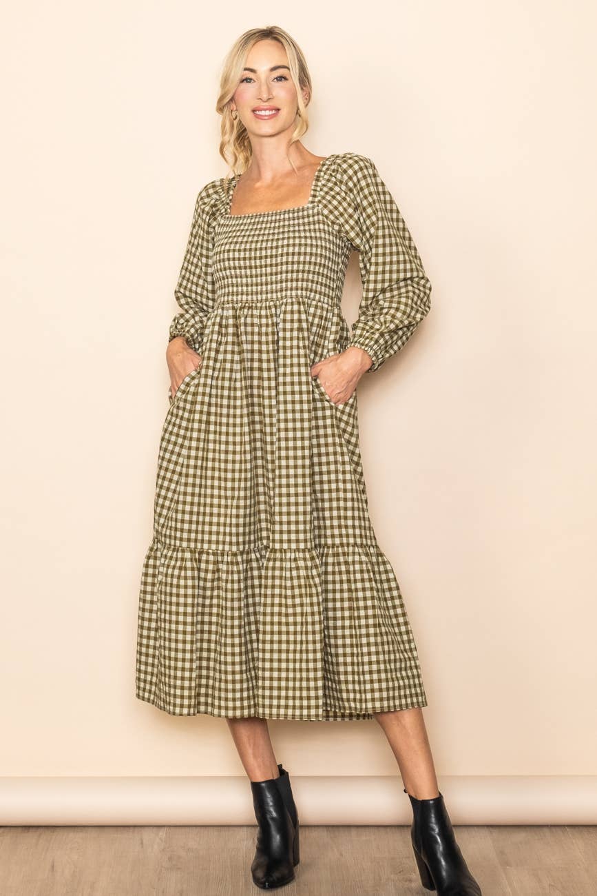 Olive Gingham Square Neck Smocked Chest Midi Dress - Purpose + Passion Boutique