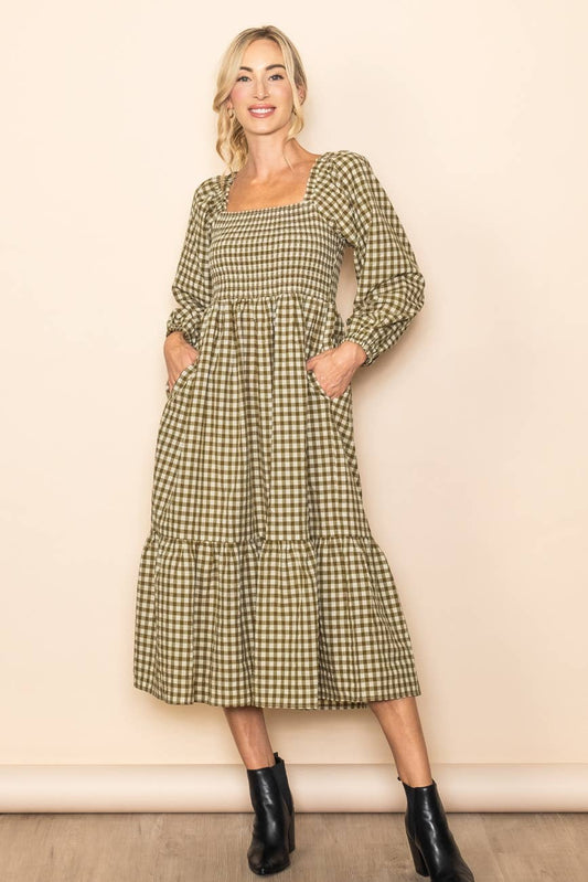 Olive Gingham Square Neck Smocked Chest Midi Dress - Purpose + Passion Boutique