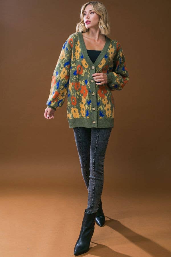 Olive Multi Floral Sweater Cardigan - Purpose + Passion Boutique
