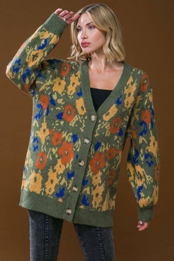 Olive Multi Floral Sweater Cardigan - Purpose + Passion Boutique