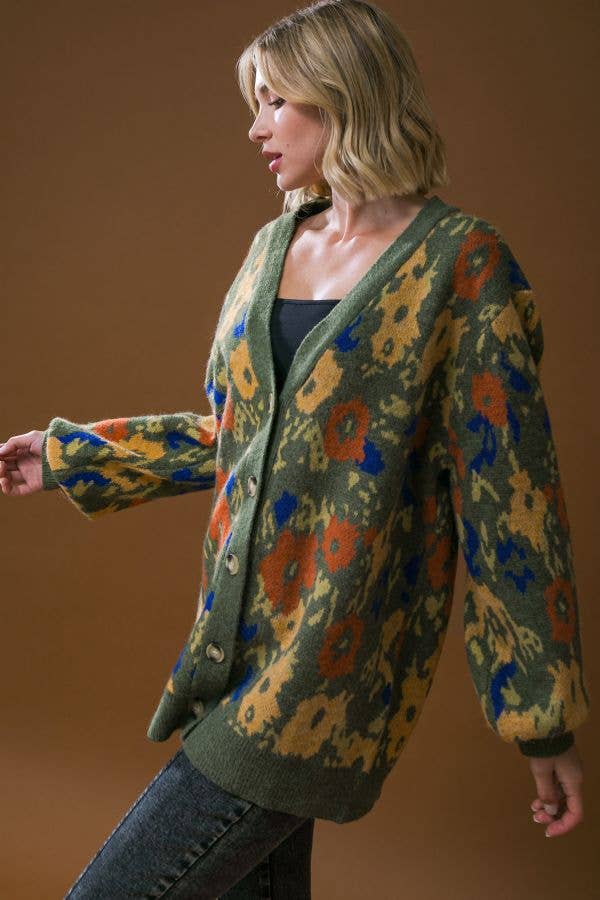 Olive Multi Floral Sweater Cardigan - Purpose + Passion Boutique