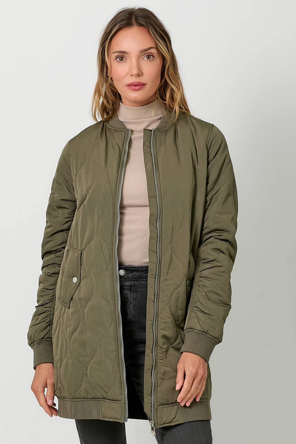 Olive Quilted Long Bomber Jacket - Purpose + Passion Boutique