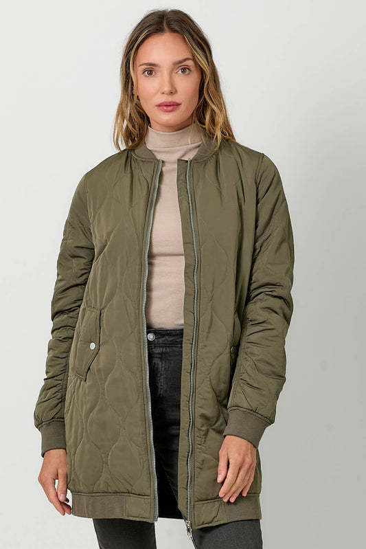 Olive Quilted Long Bomber Jacket - Purpose + Passion Boutique